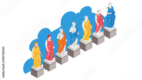 isometric set of ancient greek statues with colorful draped robes on pedestals in flat design