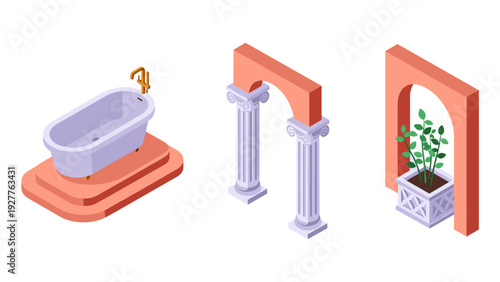 isometric bathtub on platform classical columns and plant in geometric planter under arch set