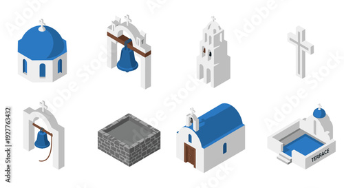 isometric set of greek church buildings with blue domes white walls and bells collection