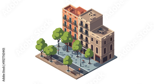 isometric view of european city street buildings with trees and benches hand drawn vector illustration