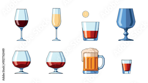 collection of hand drawn alcoholic drinks glasses with beer wine cocktail and whiskey illustration