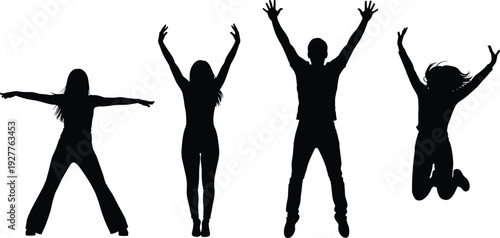 Four jumping people silhouettes expressing joy freedom and energy isolated on white background vector illustration youth celebration concept