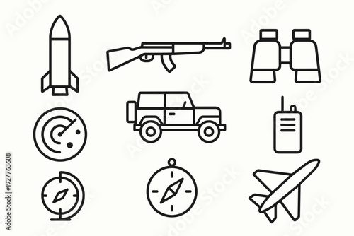 set of hand drawn military and exploration icons including rocket rifle jeep binoculars radar compass radio and airplane