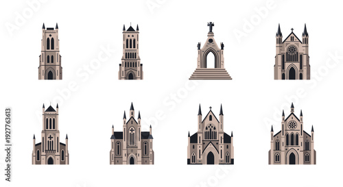 collection of hand drawn gothic church buildings and cathedral architecture icons
