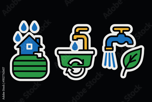 water conservation icons set with house water tank faucet and eco leaf in hand drawn style