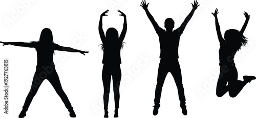 Silhouette of four jumping people celebrating freedom happiness and energy isolated on white background vector illustration dynamic youth lifestyle concept