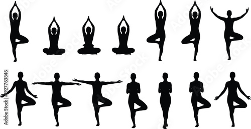 Yoga tree pose silhouette collection, women practicing balance meditation and mindfulness exercise isolated on white background illustration set