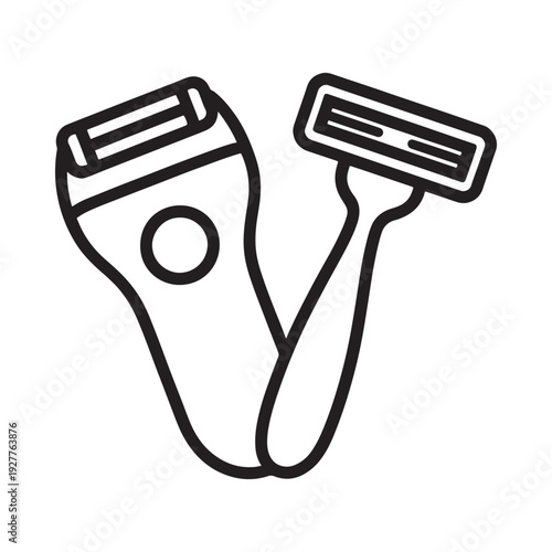 A simple black and white line drawing depicts two modern disposable razors angled slightly towards each other