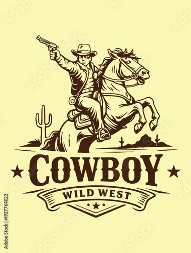 Brave cowboy riding horse and aiming pistol in wild west.
