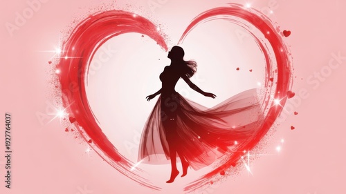 Silhouette of a woman in a flowing dress dancing inside a large red heart brush stroke on a pink background.