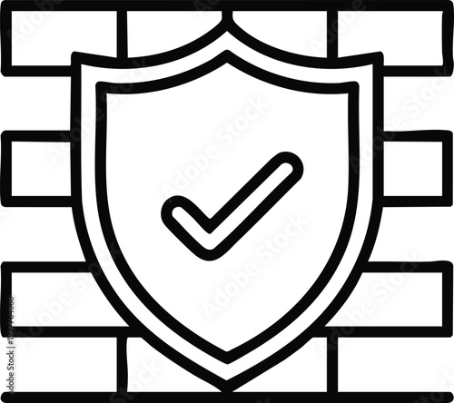 Shield with Checkmark Against Brick Wall Graphic, Infrastructure Safety and Digital Defense Pictogram, Verified Cyber Security Protection Symbol, vector, illustration, silhouette.