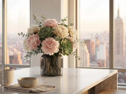 A beautiful pink rose bouquet arrangement in a glass vase sits on a table by the window as an elegant interior home decor for a wedding