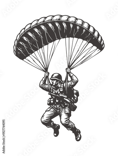 Military paratrooper descending through sky with open parachute in air.