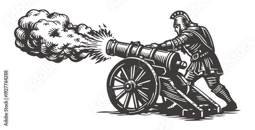 Roman soldier operating ancient cannon with massive explosion and smoke.