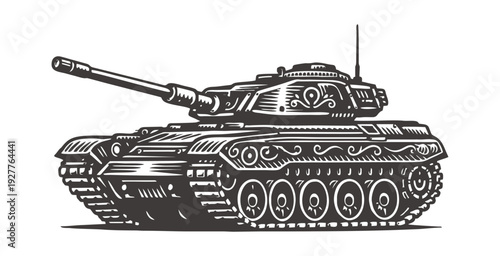 Heavy armored tank with ornate patterns standing on white background.