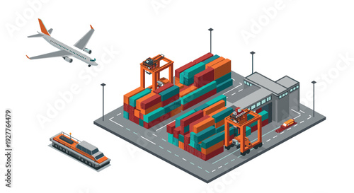 isometric cargo port with shipping containers cranes airplane and cargo ship illustration