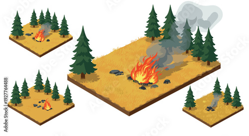 isometric forest fire scene with pine trees burning campfire and smoke hand drawn illustration set