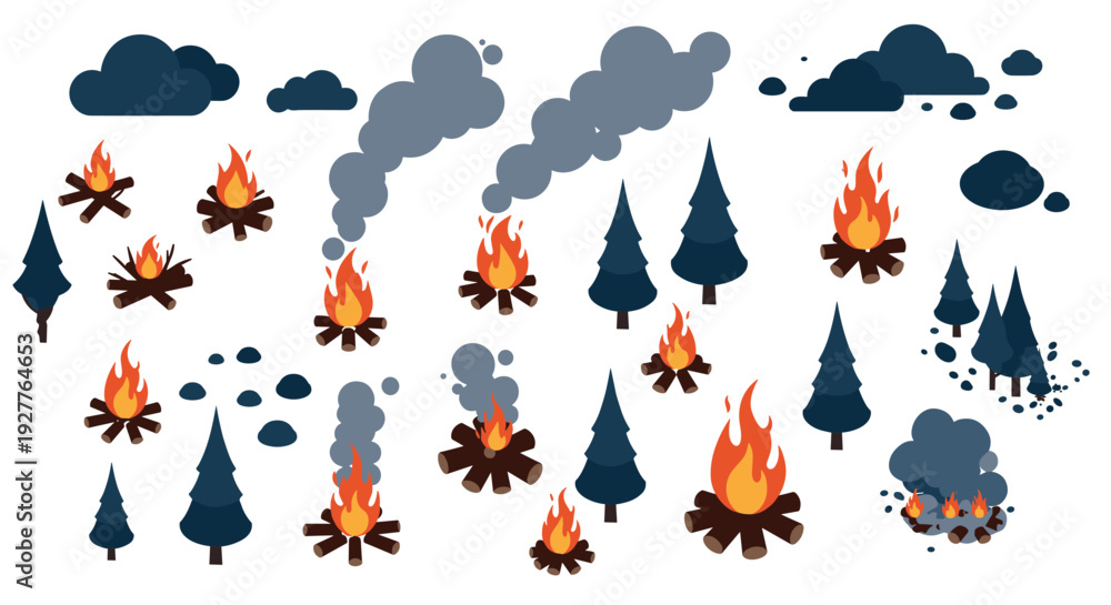 Fototapeta premium set of hand drawn campfire flames pine trees smoke and clouds forest nature illustration elements
