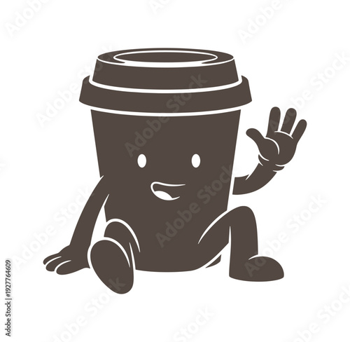 brown cartoon coffee cup character sitting and waving  friendly take away coffee cup