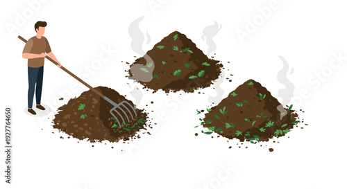 man turning compost piles with garden fork in isometric style organic fertilizer and soil enrichment process
