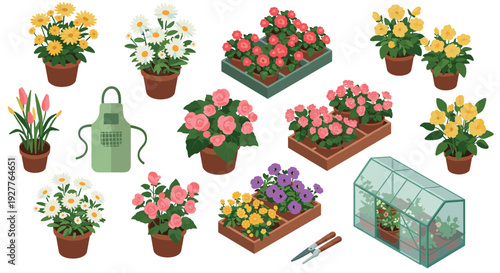 collection of potted flowering plants garden apron pruning shears and greenhouse hand drawn garden illustration