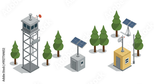 isometric forest observation tower solar panels and communication buildings set hand drawn illustration for technology and environment