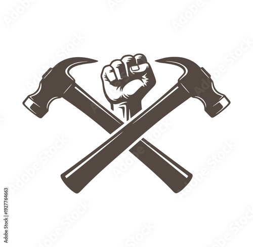 Brown fist and crossed hammers icon on white background for labor rights and construction