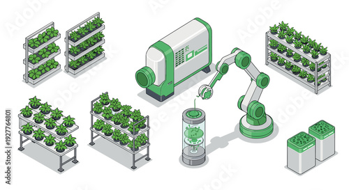 isometric vertical garden and automated hydroponic farming equipment set hand drawn technology and agriculture illustration