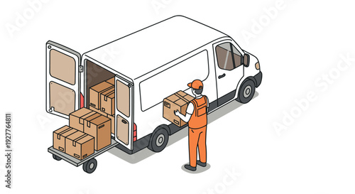 delivery worker loading boxes into white cargo van hand drawn isometric illustration
