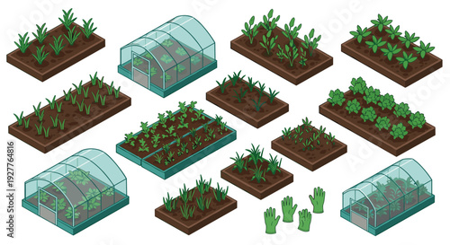collection of hand drawn isometric vegetable garden beds and greenhouses with gardening gloves in cartoon style