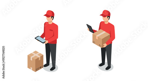 isometric delivery man holding a tablet and a cardboard box in red uniform and cap modern vector illustration