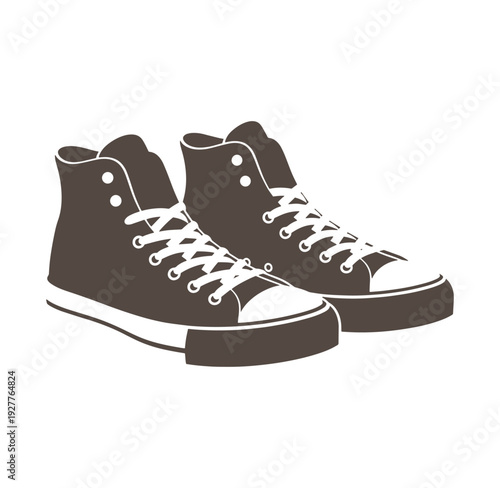 Brown high top sneakers with white laces and soles  side view