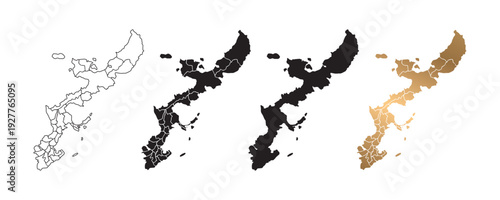 Vector illustration of Okinawa, Japan map icons in various styles, featuring black and gold colors. Design symbols.