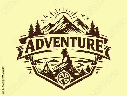 Vintage adventure badge featuring mountains hiker campfire and a compass.