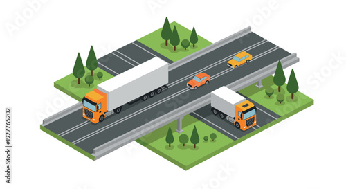 isometric highway bridge with trucks cars and green trees landscape illustration