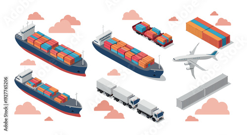 set of isometric shipping cargo ships trucks airplane and containers in flat style