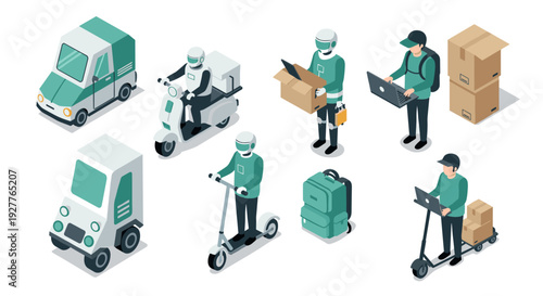 isometric delivery and courier concept with vehicles riders and packages in modern flat style