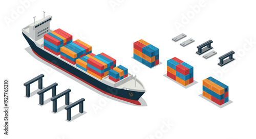 container cargo ship with colorful containers and port crane elements isometric vector illustration