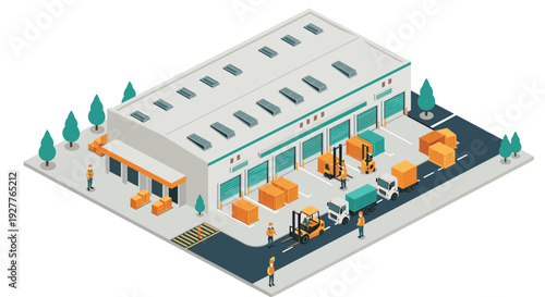 isometric warehouse building with loading docks forklifts and trucks in flat style for logistics and shipping concept