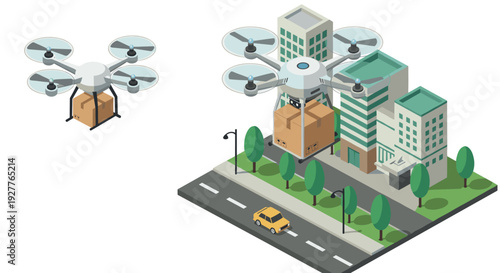 isometric drones carrying delivery packages over city buildings vector illustration