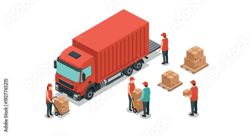 isometric delivery truck with workers unloading boxes hand drawn logistics and shipping illustration