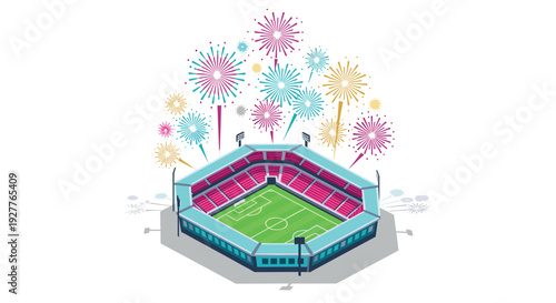 isometric soccer stadium with colorful fireworks celebration hand drawn illustration