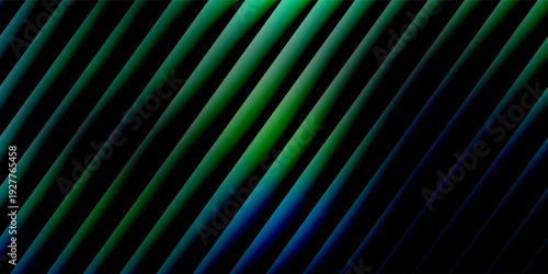 Reeded glass gradient surface, futuristic panel with vertical prism distortion. Dark abstract field infused with fractal texture in neon teal and green tones, vector illustratio