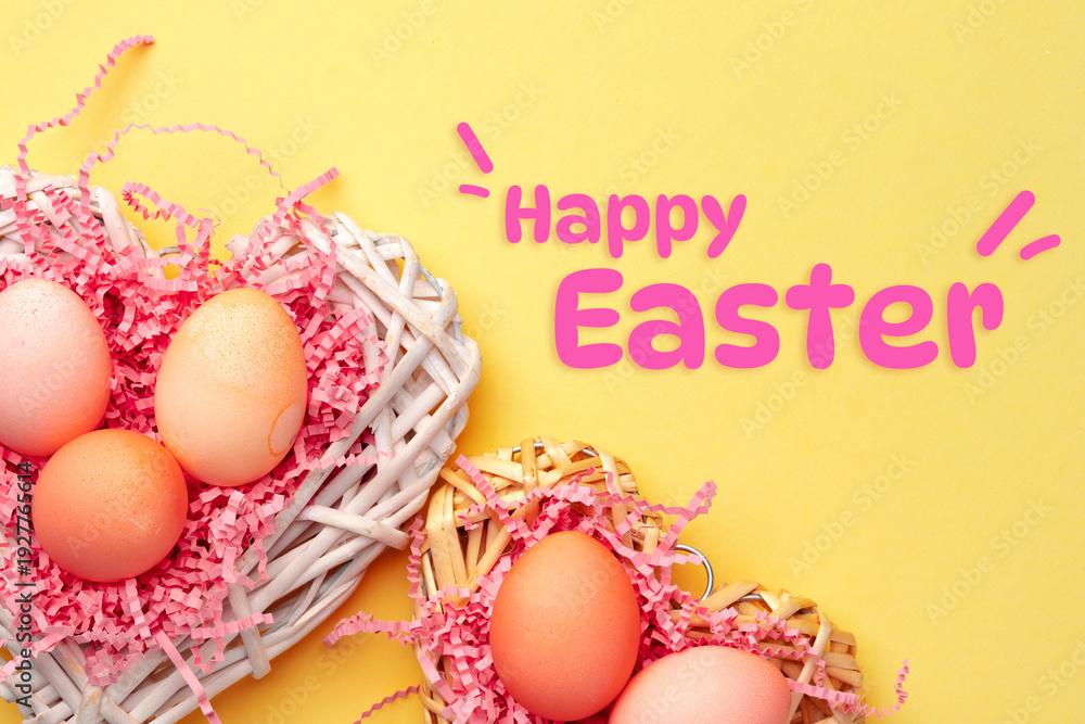 Fototapeta premium Colorful Easter eggs in a basket with Happy Easter text on a bright background