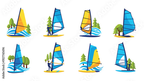 set of hand drawn windsurfing sailboard icons with colorful sails and water waves