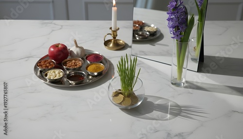 Beautifully arranged Nowruz table setting with traditional elements