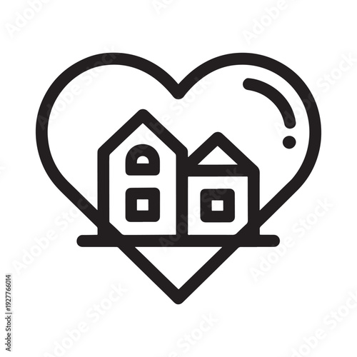 A black and white line drawing depicts a heart shape containing two houses inside it high quality