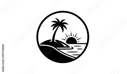 Tropical island silhouette icon with palm tree and sun summer vacation symbol isolated on white