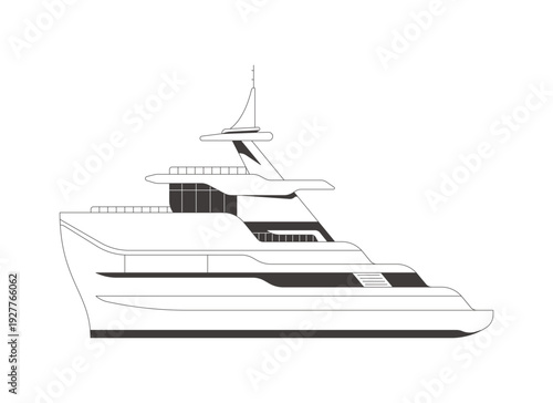 Stylized luxury yacht side view 2D line object. Modern boat. Cruise vessel sideview. Ocean liner. Sea travel. Marine transport isolated clipart vector ink outline item. Monochrome spot illustration