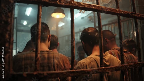Group of inmates looking out from dim prison cell at night, seeking connection and light beyond the bars